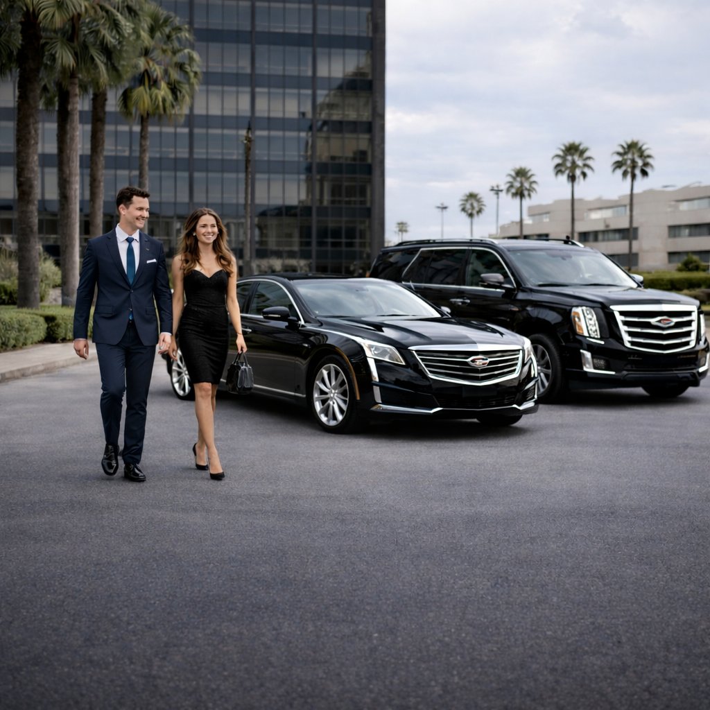EXEUX chauffeured vehicles outside a corporate tower in Orange County